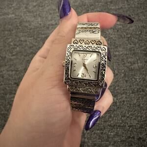 Ladies Inspirational Quartz Watch Square Silver Tone Metal Cuff